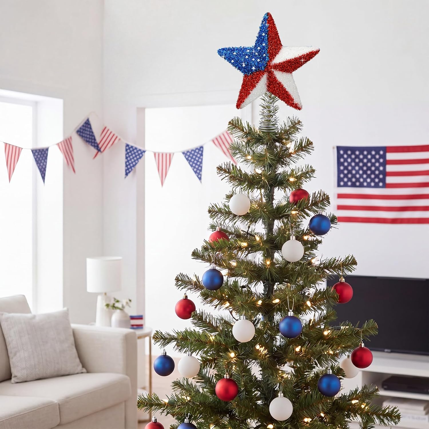 Soulchen 4th of July Tree Topper 9'' USA Patriotic Red White Blue American Flag Tree Topper Large Flash Foil Treetop Ornament Decoration for 250th Anniversary Independence Memorial Day Decor Gift