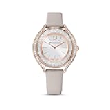 Crystalline Aura Watch, Taupe Leather Strap, Rose-Gold Tone Finish, Clear Crystals, Swiss Made, Part of The Crystalline Watch Collection