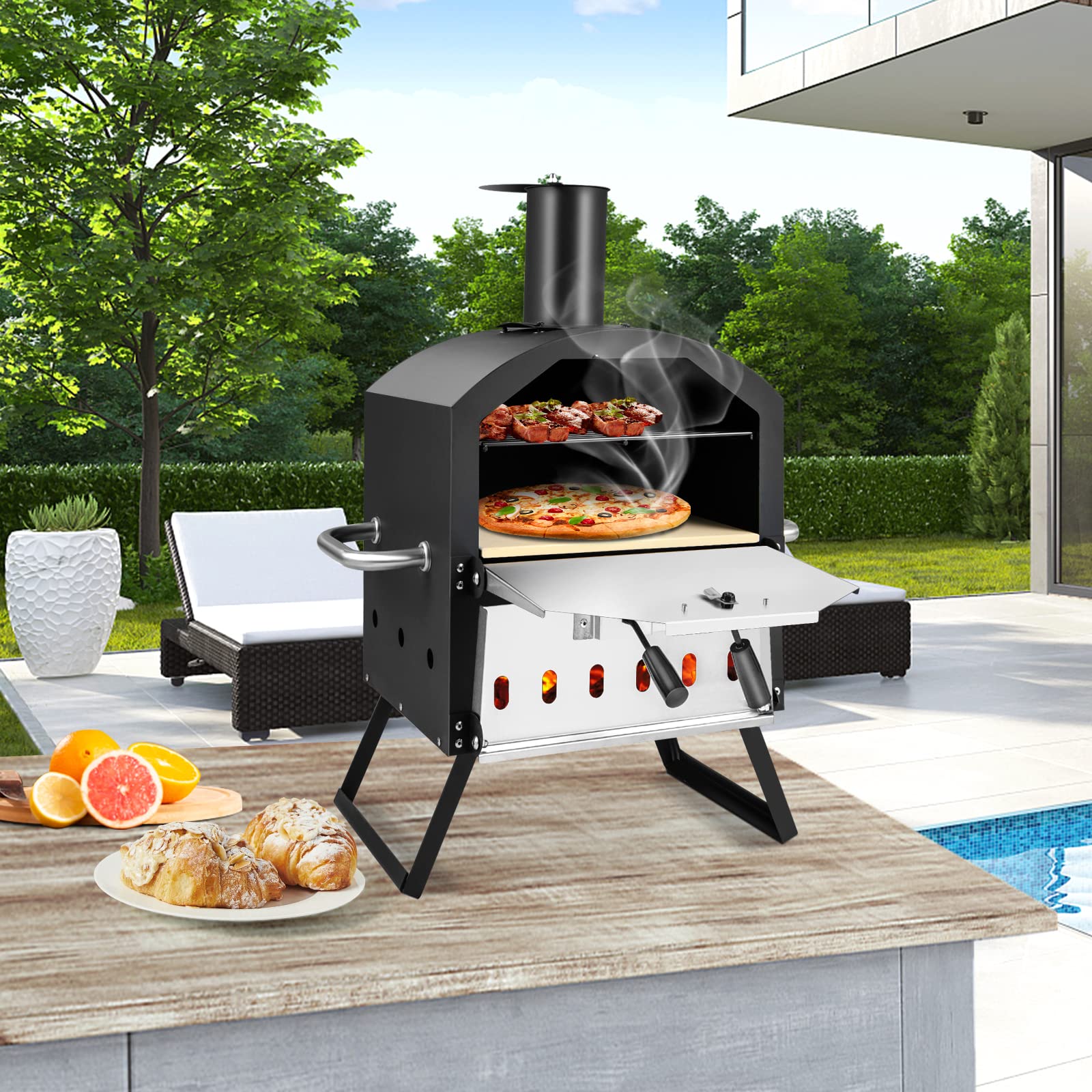 COSTWAY Four à Pizza Extérieur 2 Couches Acier Portable avec Pierre à Pizza, Grille, Pelle, Housse Etanche