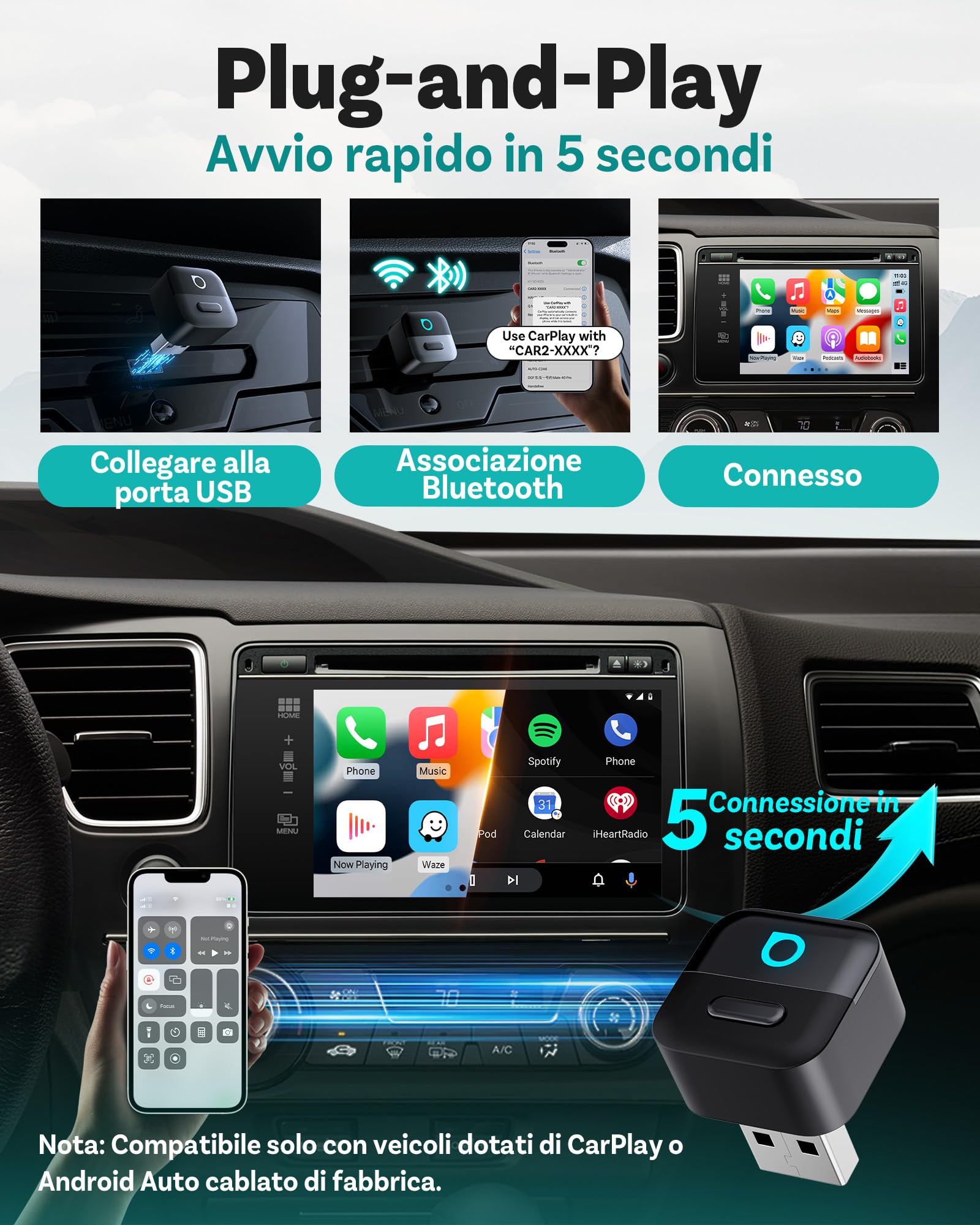 Ottocast Mini Pico 2026 Adattatore Wireless CarPlay & Android Auto, WiFi 6 & Bluetooth 5.4, USB Plug & Play, Da CarPlay/Android Auto Cablato a Wireless,Riconnessione automatica, aggiornamento OTA