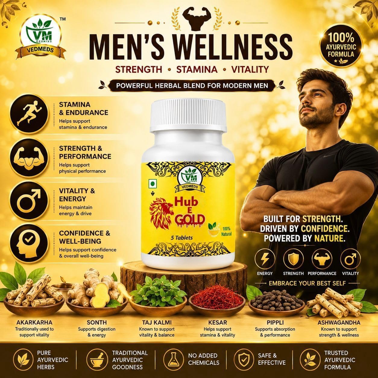 Hub E Gold Ayurvedic Tablets for Men | Herbal Man Vitality & Energy Timing Supplement | Daily Wellness & Stamina Support Formula | 10 Tablets — Amazon image 6