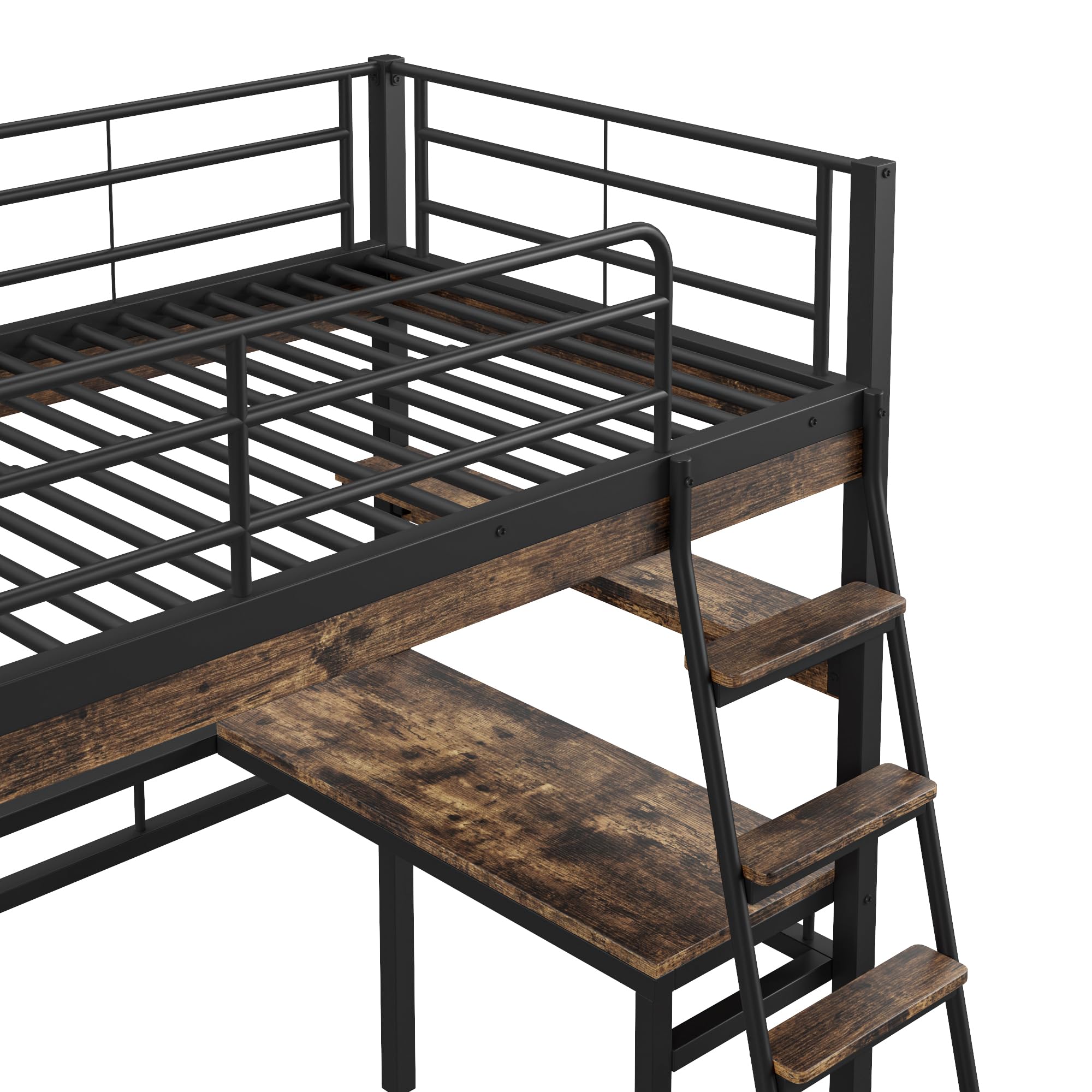 Moimhear Letto a soppalco, 90x200 cm, senza materasso, letto con scrivania, ripiani, ringhiera, scala, struttura in ferro, nero