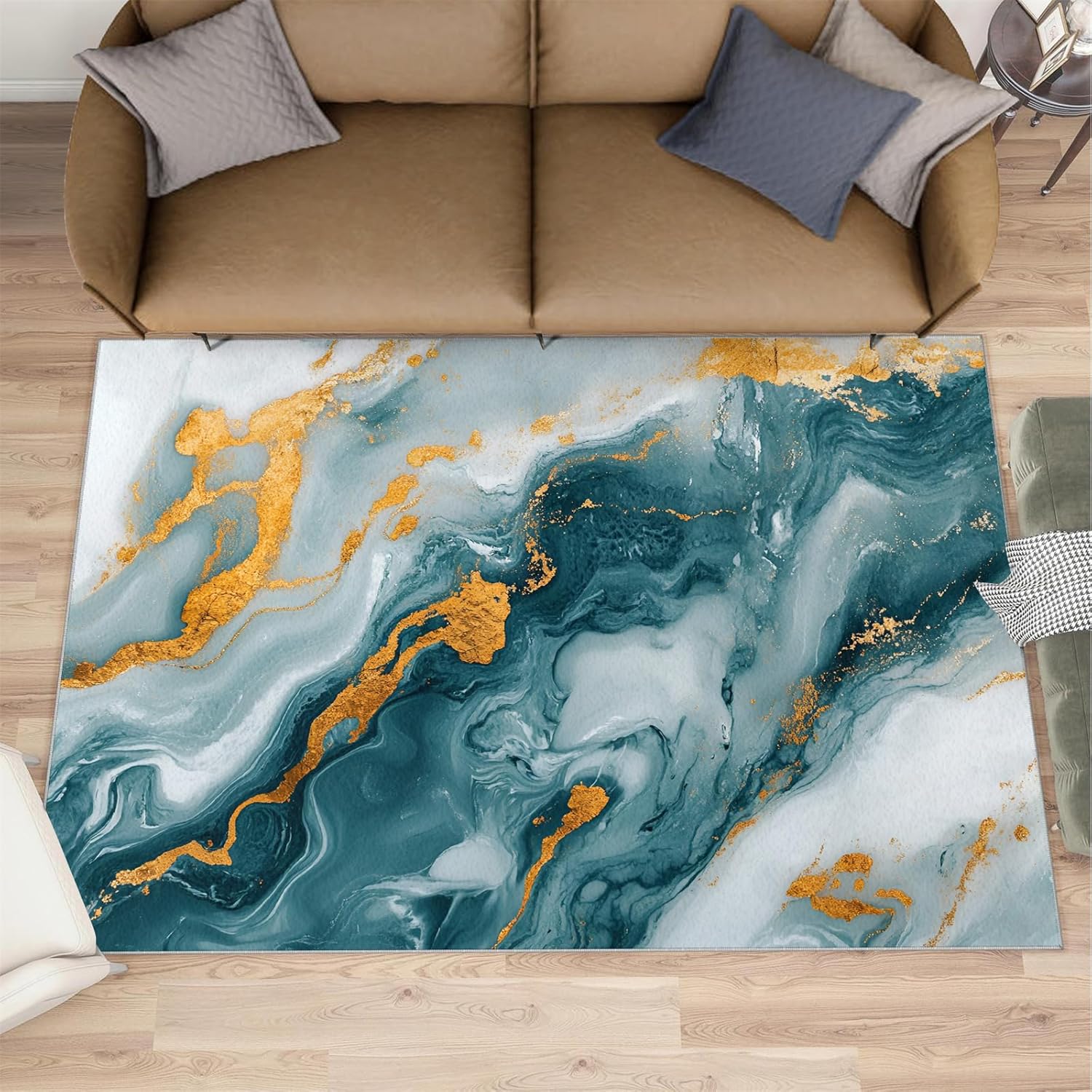 Modern Marble Rug - 2x3 Rugs for Entryway, Turquoise Marble Area Rug, Fluid Gold Washable Rugs for Bedroom, Non Slip Soft Stone Texture Indoor Carpet - Home Decor, Painting Style Gifts