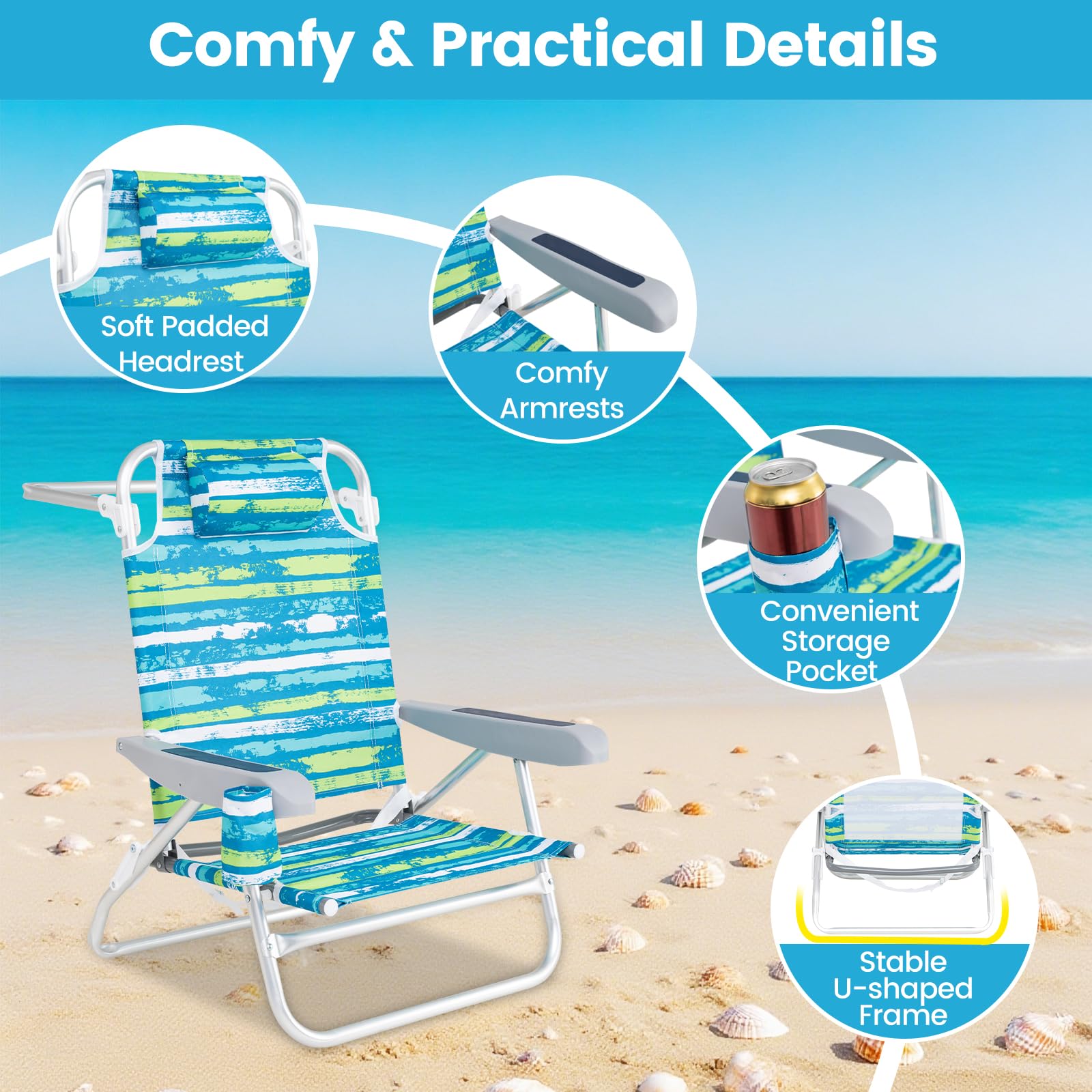 GIANTEX Sedia pieghevole da spiaggia e campeggio, schienale regolabile 4 posizioni, portasciugamani e cuscino, 2 in 1, fino a 150 kg (62 x 54 x 80 cm, strisce verdi)