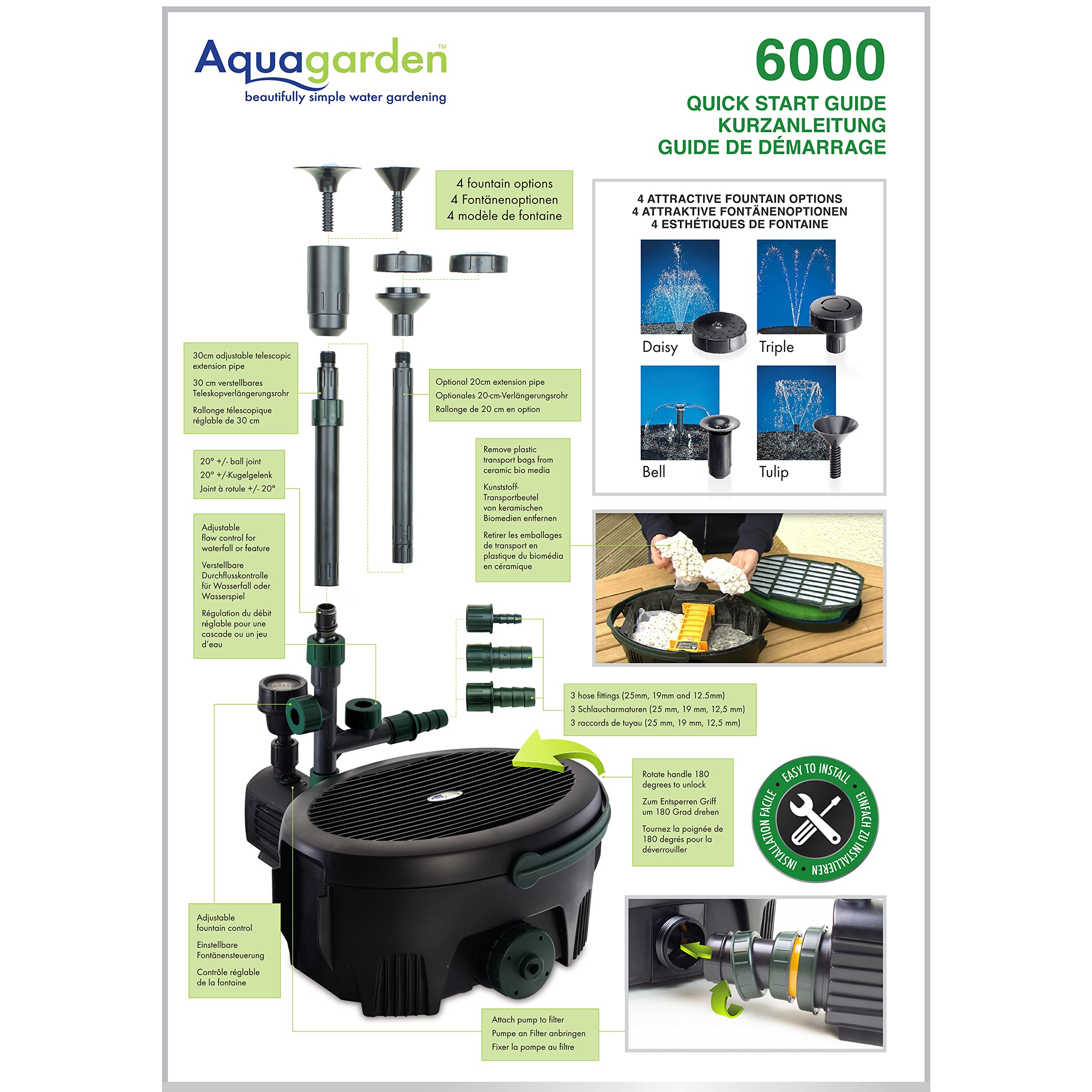 Aquagarden Inpond 6000, Bassin et pompe à eau, filtre, clarificateur UV, spot LED et fontaine, solution tout-en-un pour un beau bassin propre et limpide, pour des bassins jusqu’à 6000 litres