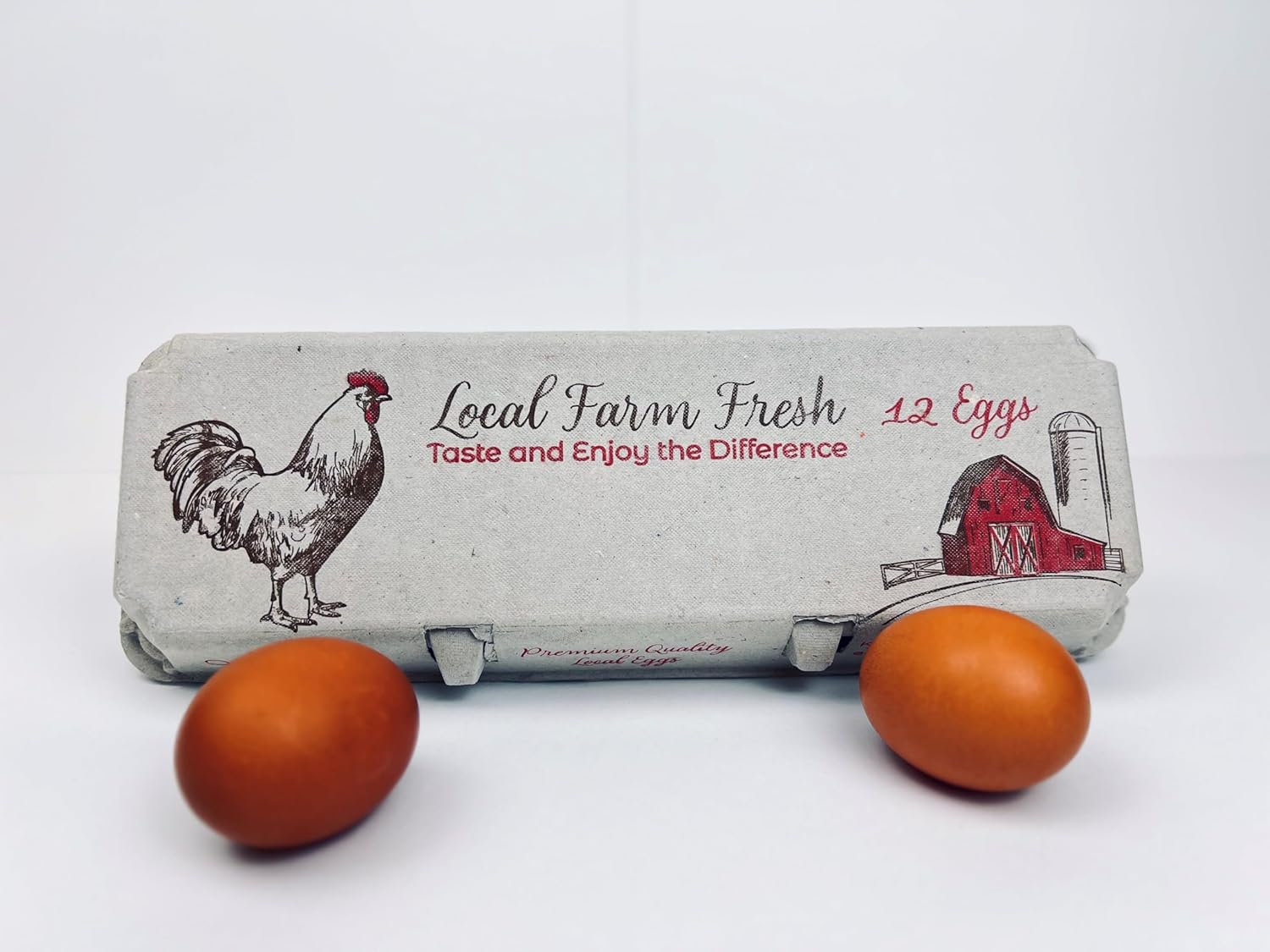 12 Count Egg Cartons - Printed Red/Brown - Recycled Paper Pulp, Solid Top Style for Chicken Eggs - Made in USA