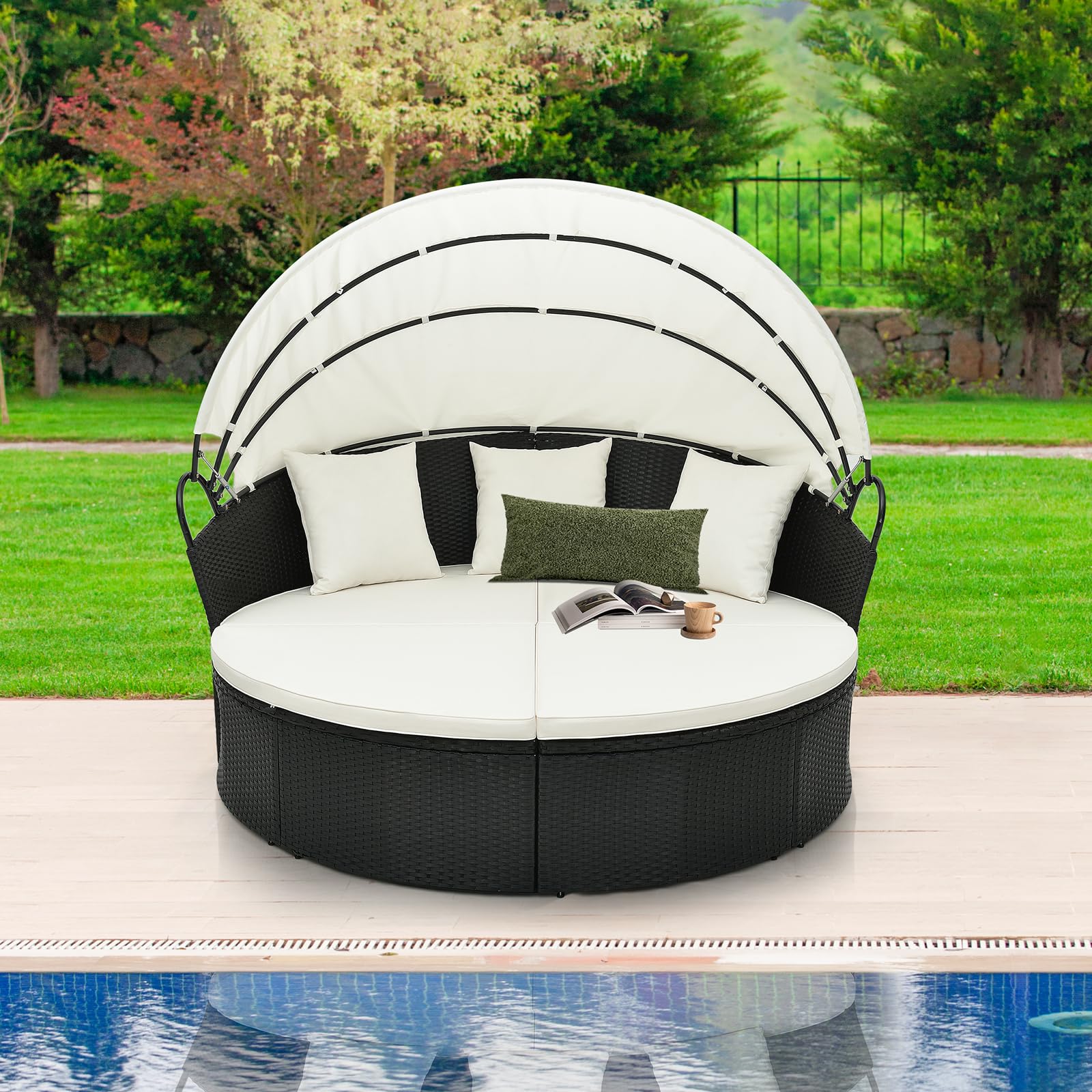 COSTWAY Tumbona Isla de Ratán Jardin, Toldo Plegable, Isla de Ratán con Cojines y Almohadas, Protección UV, Cama Isla Exterior (Blanco)