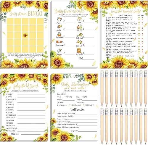Yinder 145 tarjetas de actividades para juegos de baby shower con 20 lápices, incluye descripción de bingo de bebé y deseos, adivina quién es el