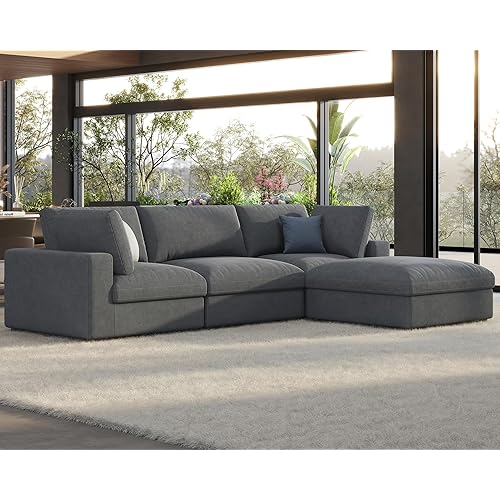 PaPaJet 114 Inch Cloud Modular Sectional Sofa, Oversized Down Filled Sectional Couch with Chaise, Ottoman, 4 Seats L Shaped Sofa for Living Room, Grey Linen Couch