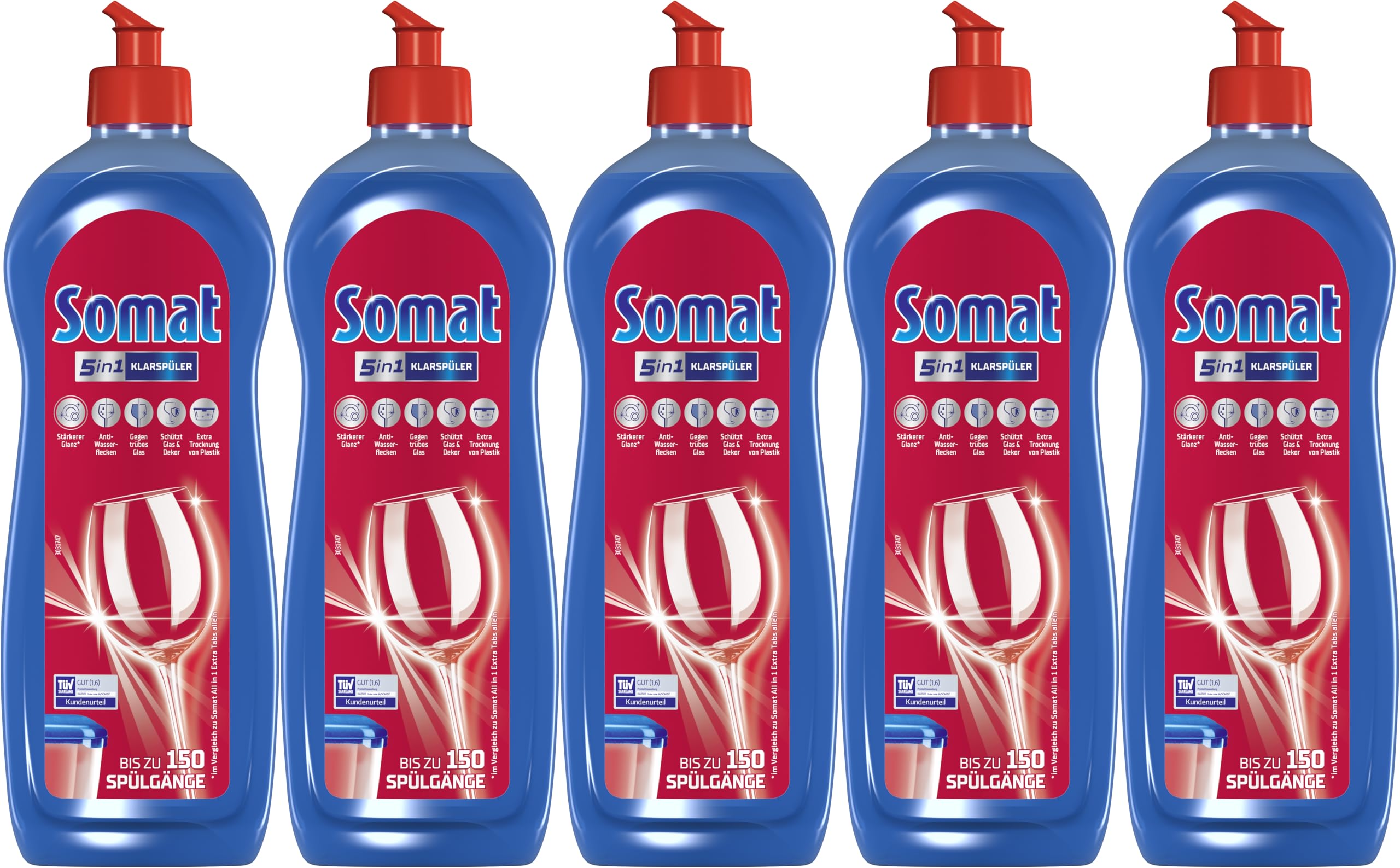 SOMAT Liquide de rinçage 5 en 1 (5 x 750 ml), additif de liquide vaisselle pour un séchage rapide, le liquide de rinçage pour lave-vaisselle donne une brillance brillante sur les verres, la vaisselle