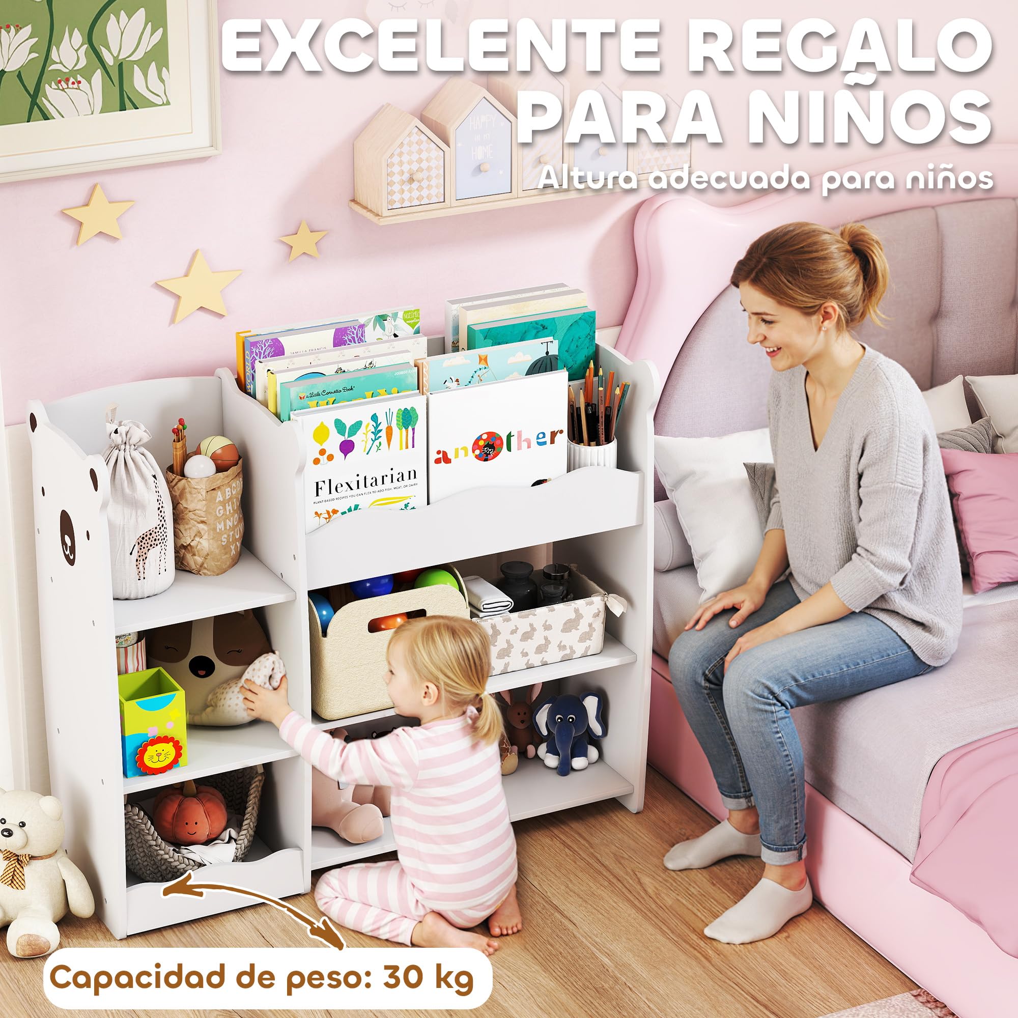 AIYAPLAY Scaffale per giocattoli per bambini con ripiani aperti, scomparti, design con orsacchiotti, organizer per giocattoli per camera da letto, sala giochi, asilo nido, bianco