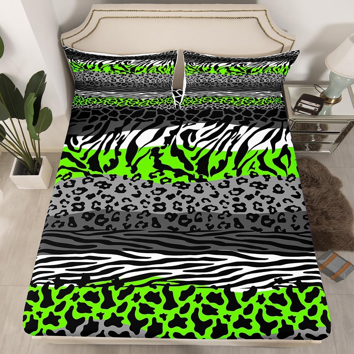 Giraffe Skin Tiger Fur Fitted Sheet Twin Size,Leopard Zebra Cow Skin Patchwork Bedding Set,Girls Women Room Decor,Animals Fur Geometric Bed Cover,Green Fashion Bed Sheet,1 Pillowcase