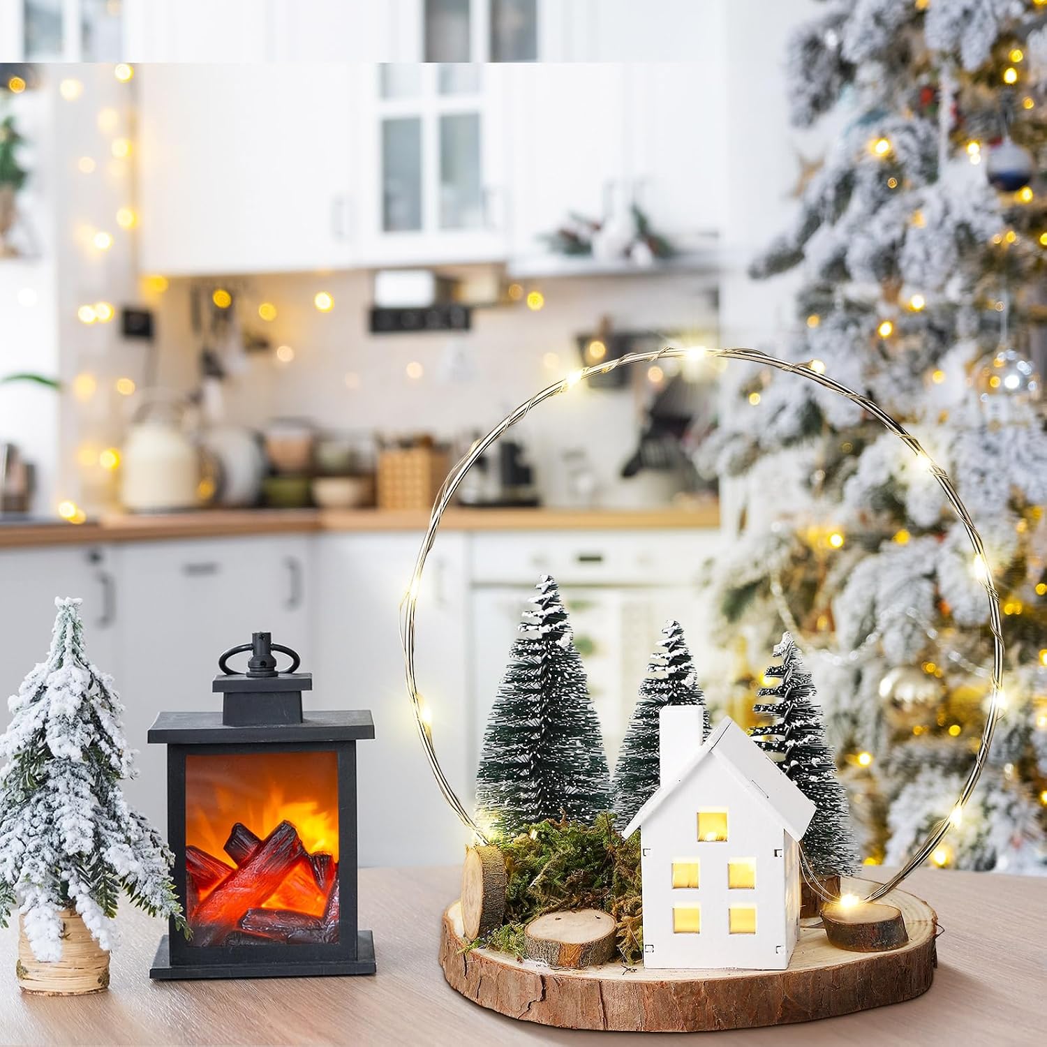 Cinnvoice Christmas Tabletop Decoration Wooden Lighted Christmas Village House with Xmas Trees 9x7.8 Inch Battery Operated for Xmas Winter Holiday Party Indoor Fireplace Desk Table Decoration Gift
