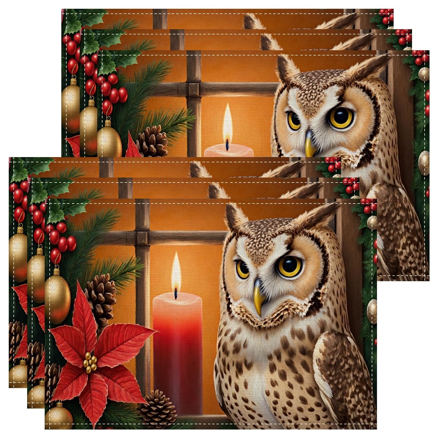 Christmas Owl Placemats, Rustic Holiday Candle and Poinsettia Place Mats for Dining Table, Winter Non-Slip Washable Indoor Outdoor Party Placemat Set of 6