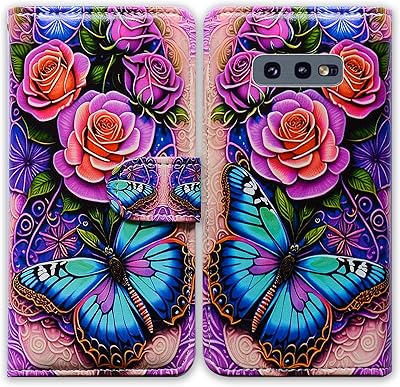 Bcov Galaxy S10e Case,Blue Butterfly Flowers Rose Leather Flip Phone Case Wallet Cover with Card Slot Holder Kickstand for Samsung Galaxy S10e