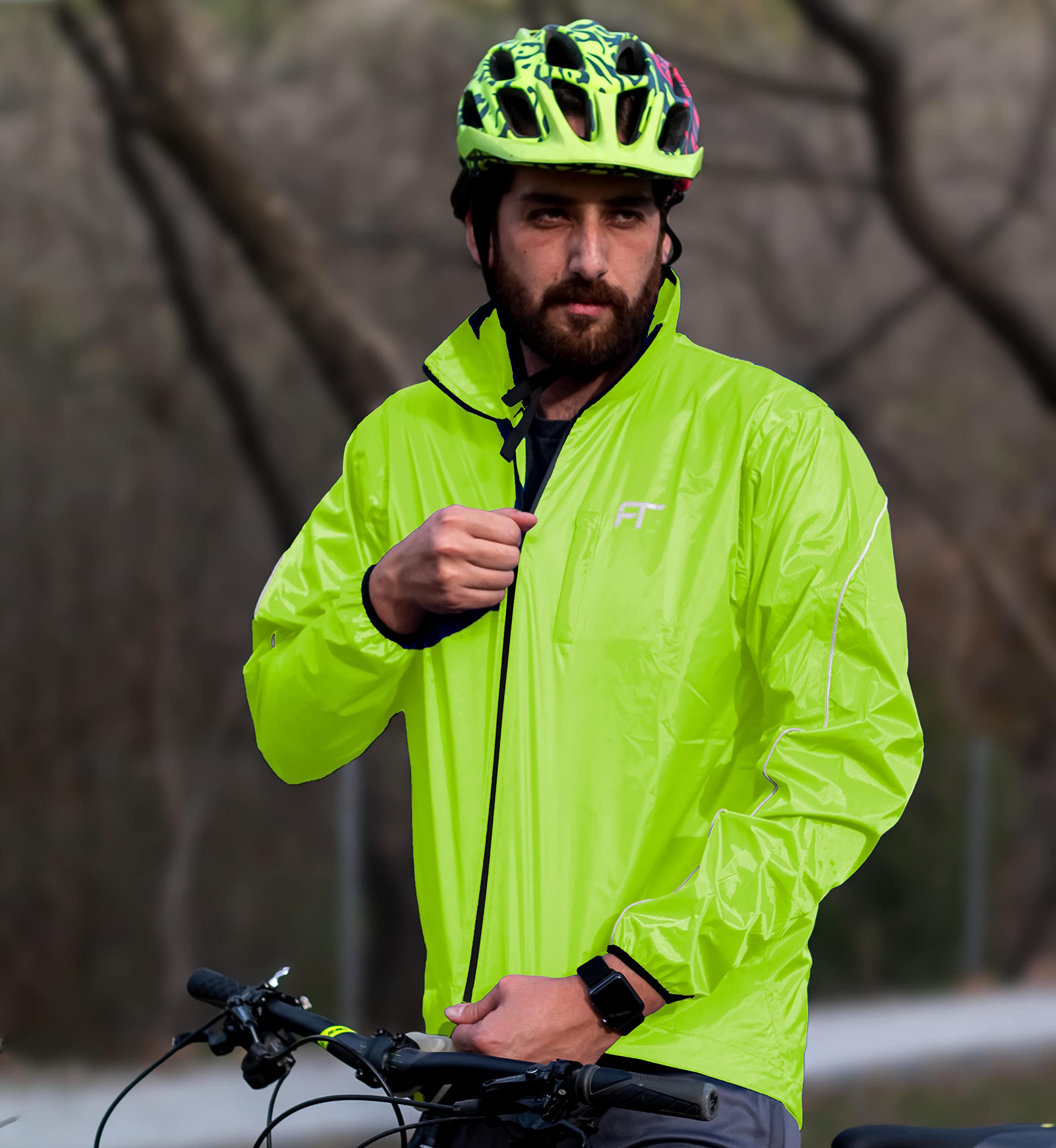 Fashion Track Giacca da ciclismo leggera impermeabile da uomo con cappuccio rimovibile, alta visibilità, unisex, antivento, riflettente, con 2 tasche interne e 1 tasca