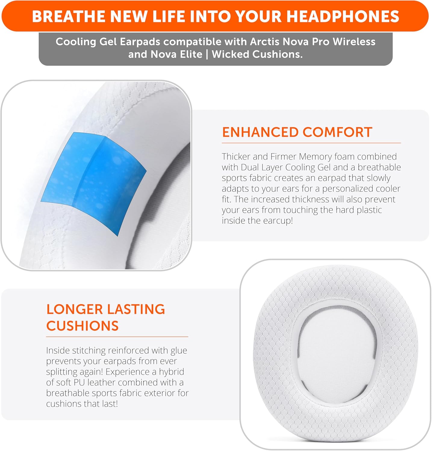 WC Freeze Nova Pro Wireless - Cooling Gel Earpads for Arctis Nova Pro Wireless & Nova Elite (Doesn’t Fit Other Models), by Wicked Cushions, Extra Thick & Comfortable | White
