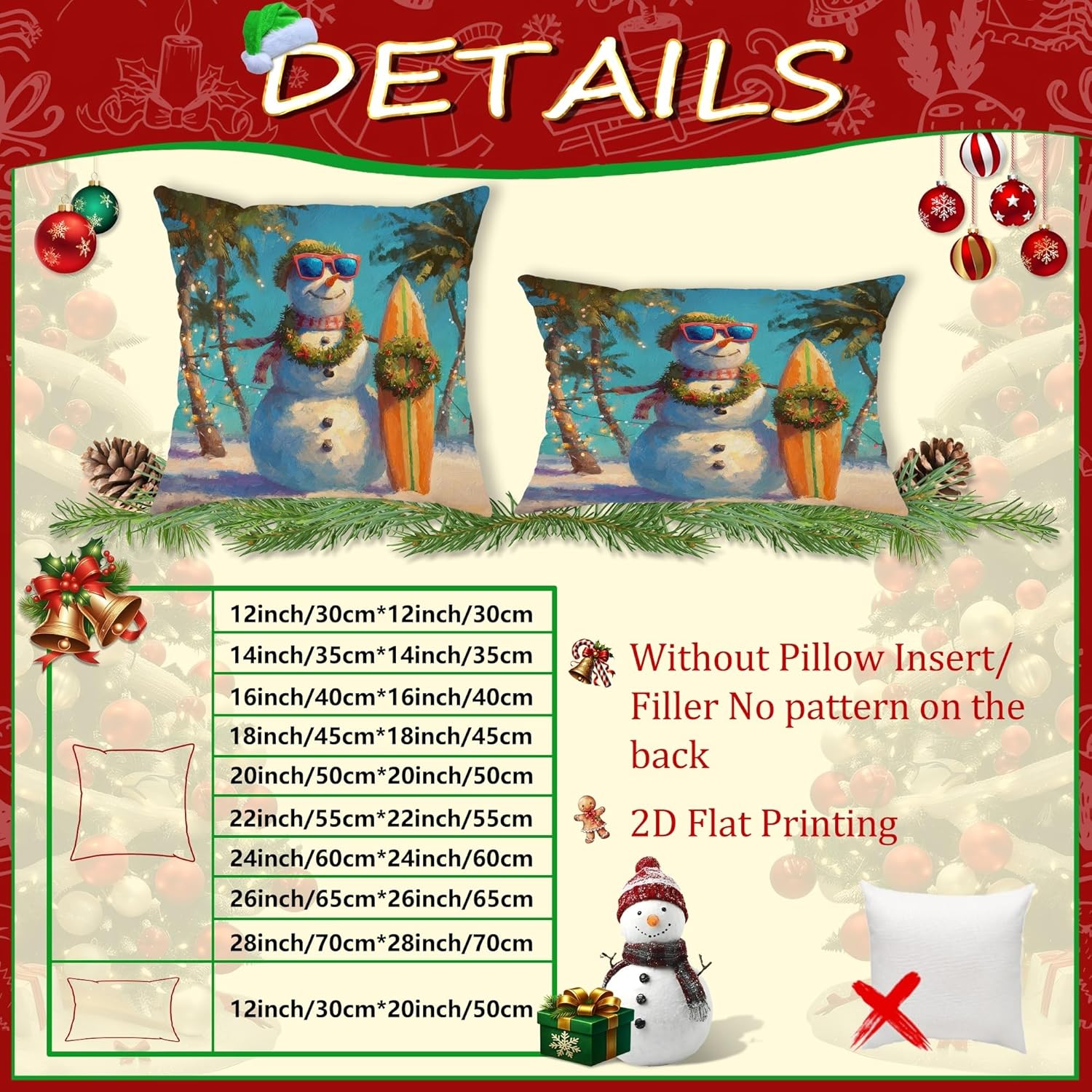 Winter Throw Pillow Covers Set of 2, Snow Man and Surfboard Decorative Cushion Covers, Holiday Outdoor Farmhouse Style Pillow Cases for Home Sofa Bed Couch 28x28 Inch