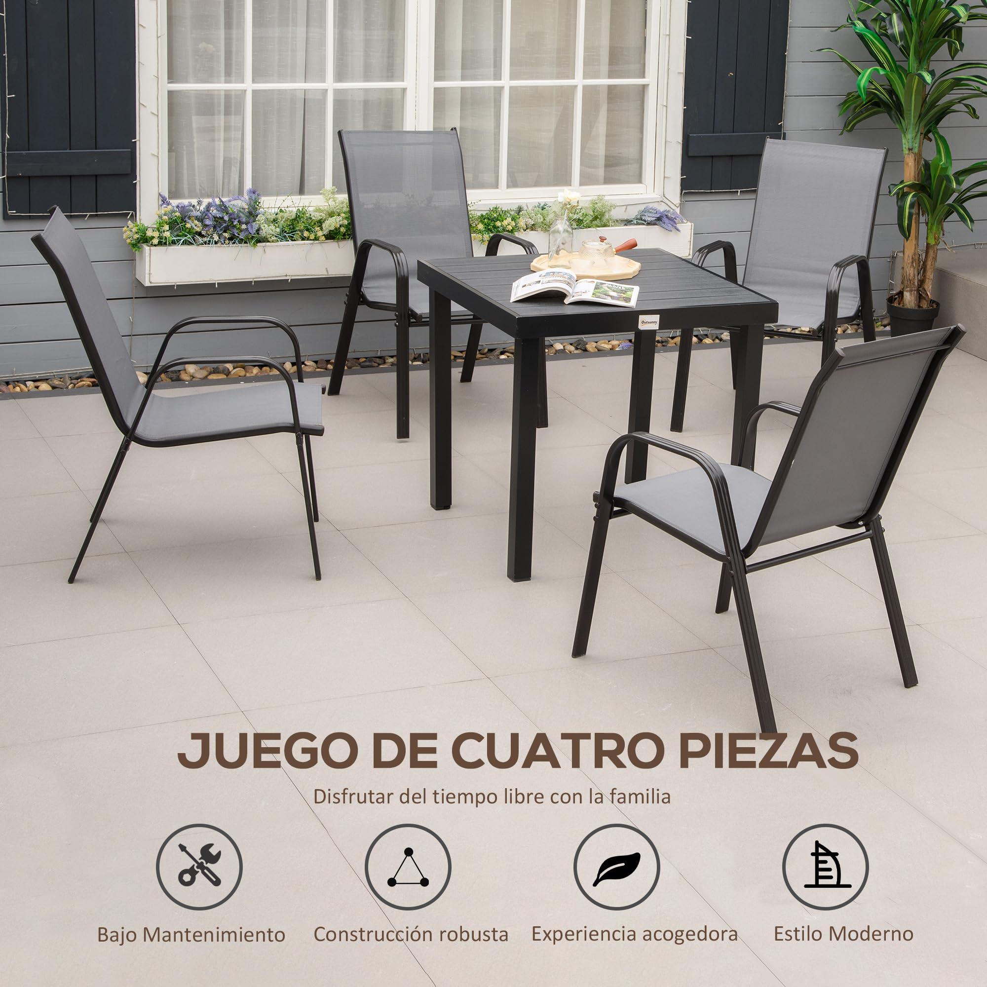 Outsunny Sillas de Jardín Exterior Apilables 54x75,5x95 cm Gris Oscuro | Juego de 4, Sillas Terraza Exterior, Sillón de Comedor, Tela Transpirable, Marco de Metal, Reposabrazos, Respaldo