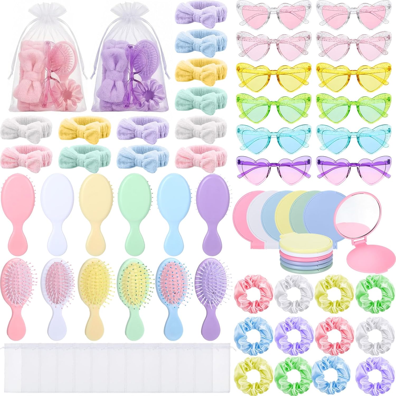 72 Pcs Spa Sleepover Party Supplies Bachelorette Party Accessories Including Hair Brush Heart-shaped Glasses Mirrors Spa Headband Hair Ties for Bridesmaid Gift Sleepover Favor(Pink)