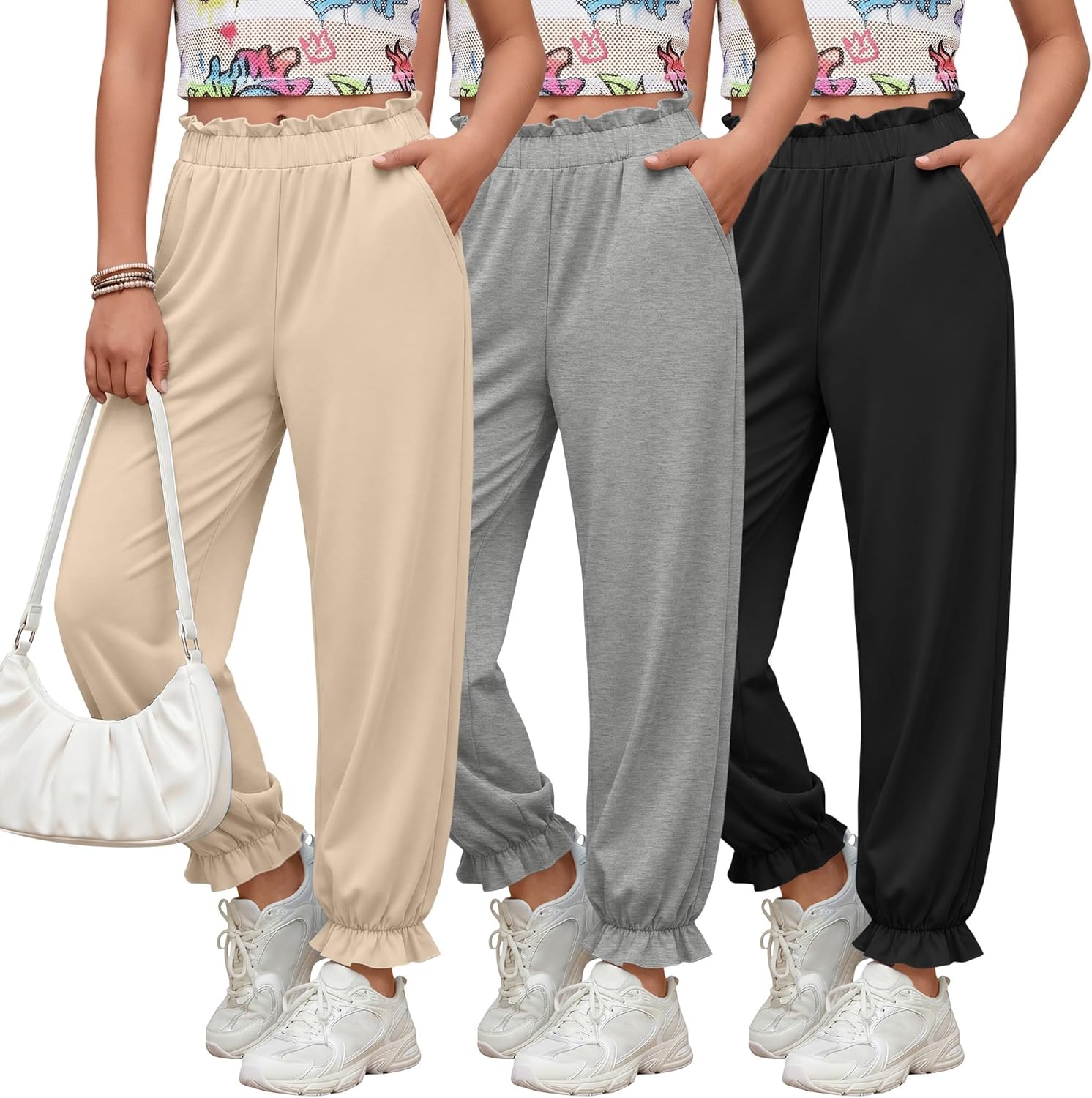 3 Pack Girls Jogger Pants 5-14 Years Ruffle Flowy Tapered Casual Pants High Waist Trousers with Pockets