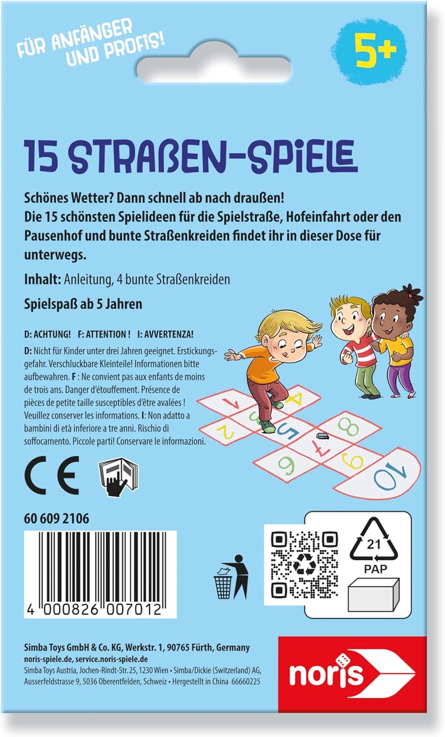 noris 606092106-15 Street Games with Chalk for Children from 5 Years - Set of Colourful Street Painting Chalk and Game Instructions in Tin Box, Outdoor Toy for Beginners and Little Professionals