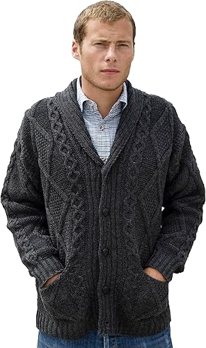 Aran Crafts Men's Irish Cable Knitted Wool Button Neck Long Sleeve Cardigan Swea