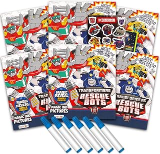 Transformers Rescue Bots Imagine Ink Coloring Book Set for Kids - 6 Pack No-Mess Magic Ink Coloring Books feat. Rescue Bots with Transfomers Stickers and Door Hanger | Transformers Party Favors Bundle