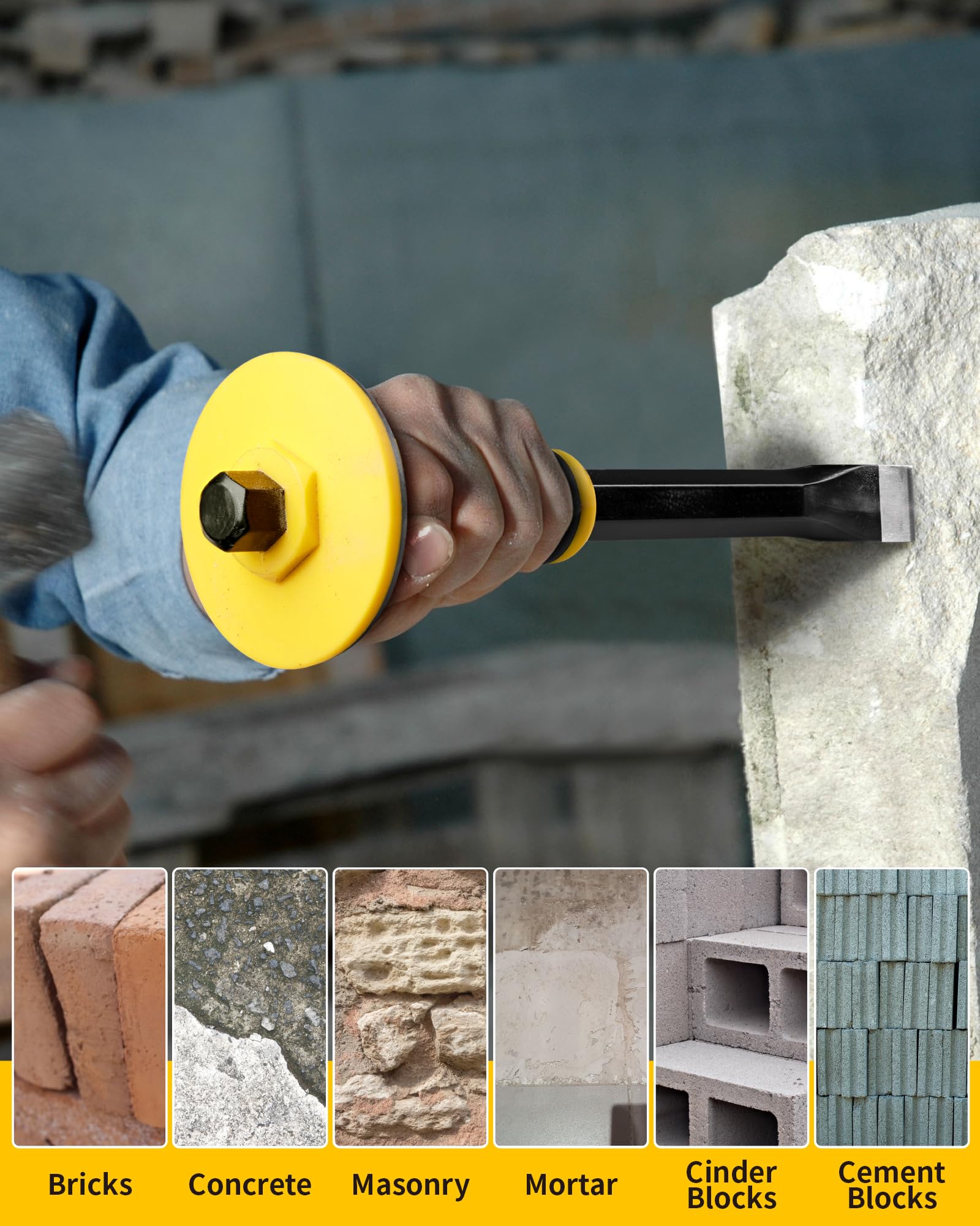 Firecore Burin de Maçon en Acier Trempé avec Manches Anti-Choc, Ciseau Maçonnerie Outils Professionnels pour Démolition, Convient à Carrelage, Béton, Pierre, Sol
