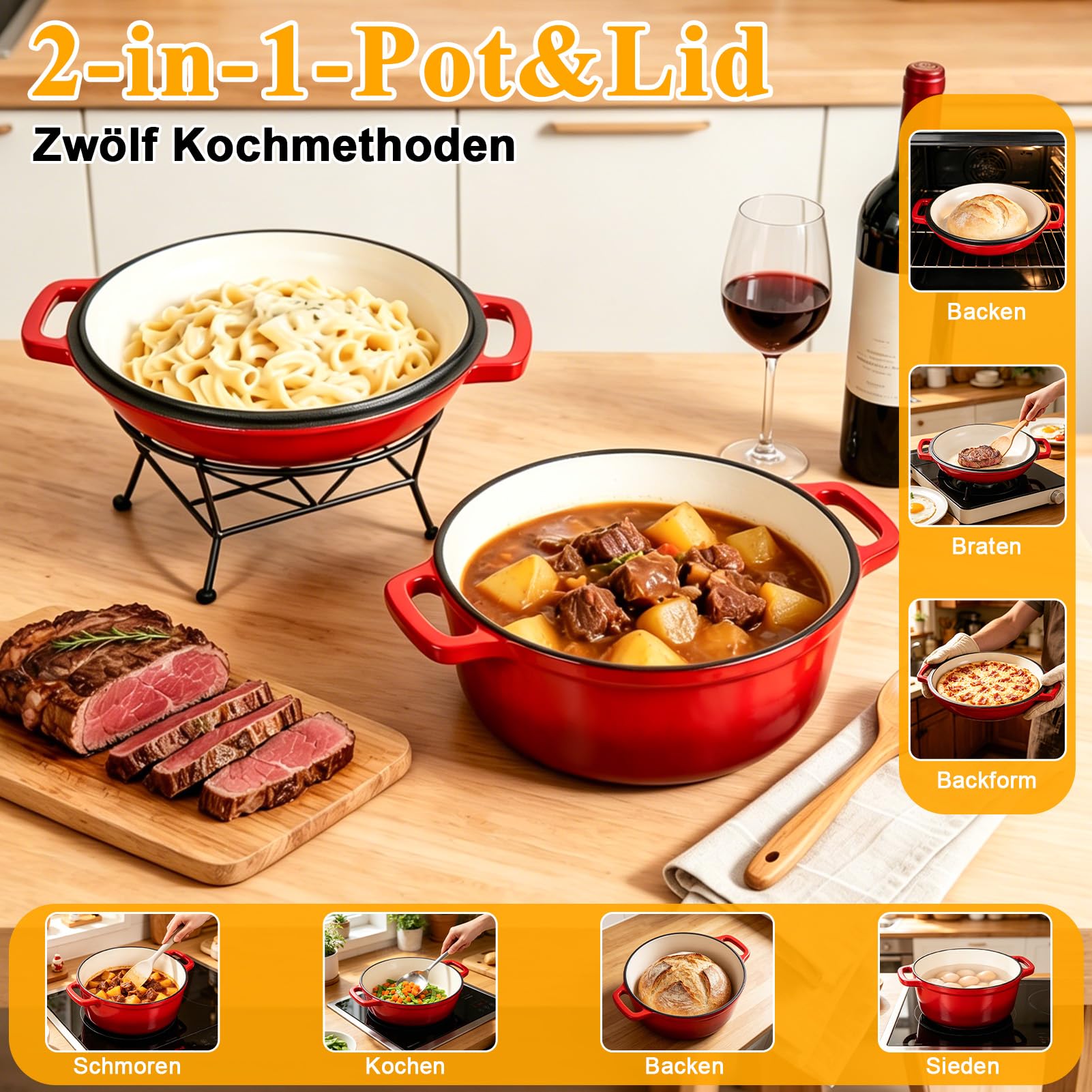 Gusseisen Topf Brot Backen, 5,7L Bräter Emaille Schmortopf mit Deckel und Griffen, 26 cm Dutch Oven, Brotbacktopf für Selbstgemachte mit Zwei-in-Eins-Emaillebeschichtung