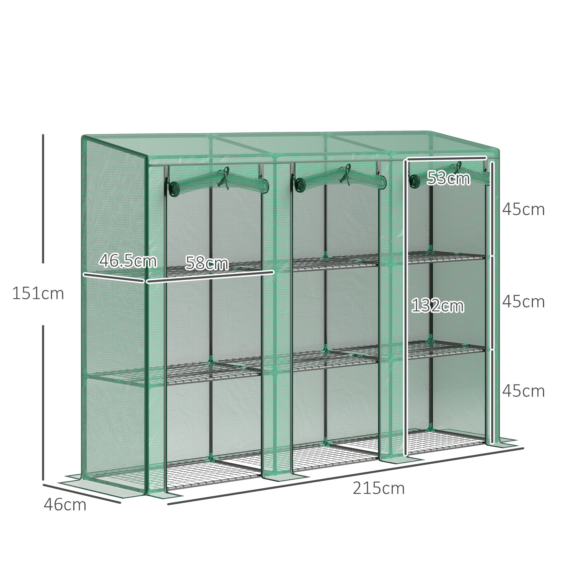 Outsunny Serra mini appoggiata Copertura in PE 215x46x151 cm Verde | Rinforzata, portatile, serra da interno/esterno, 3 porte a rotolo, 3 piani 9 mensole in filo
