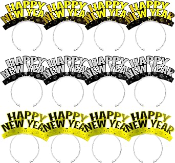 12 PCS New Years Eve Party Supplies, Happy New Years Headband Party Favors Gold Silver Black Headband Accessories