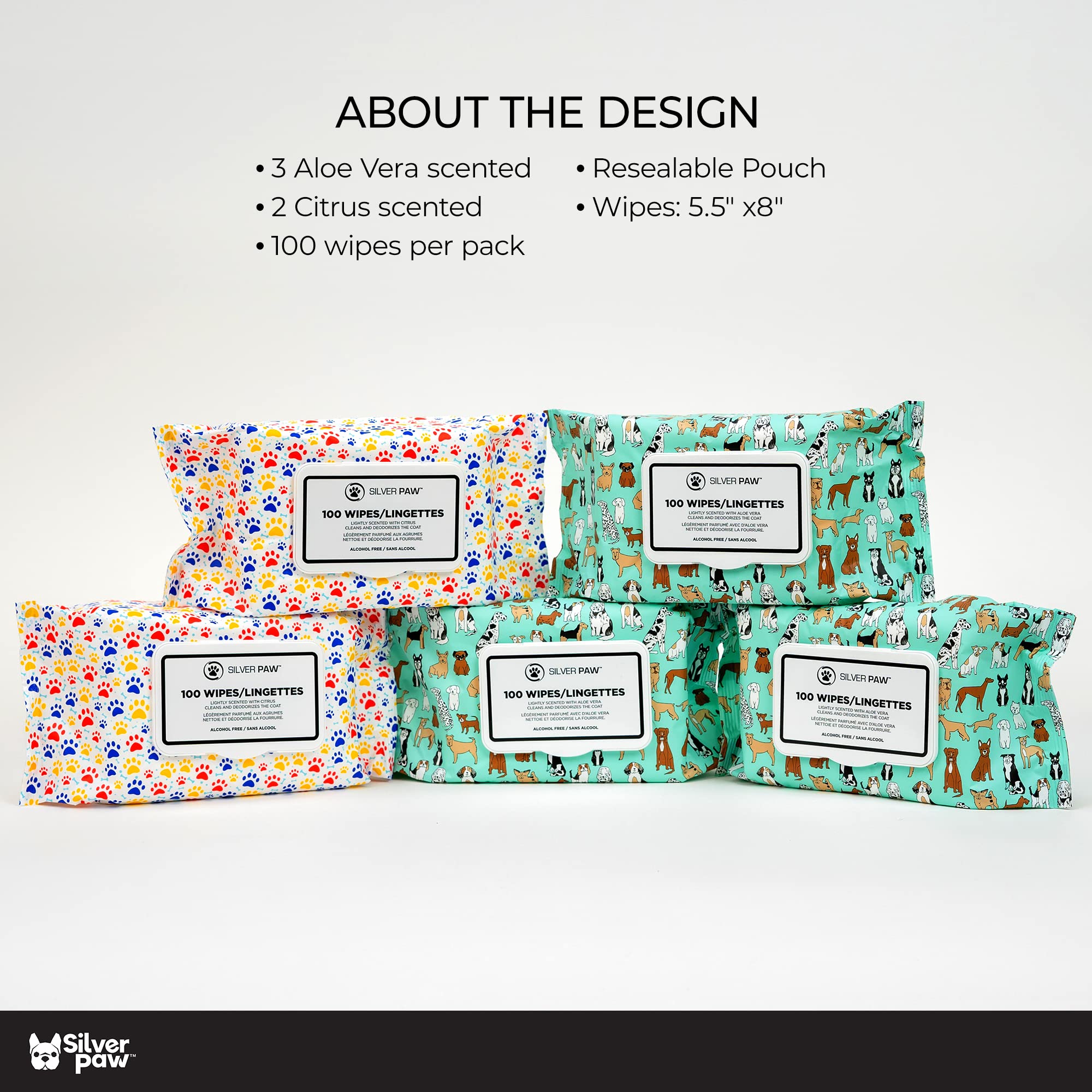 Silver Paw Dog Wipes, Resealable Wipes for Grooming and Deodorizing, Pet Wipes for Dogs, 2X Citrus, 3X Aloe Scent, 5 Packs of 100 Wipes (Total of 500)