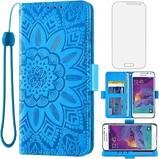 Asuwish Phone Case for Samsung Galaxy S4 Mini with Screen Protector and Flower Leather Wallet Flip Cover Credit Card Holder Stand Cell Accessories Gaxaly S 4 Mini Galaxies S4mini Women Men Blue