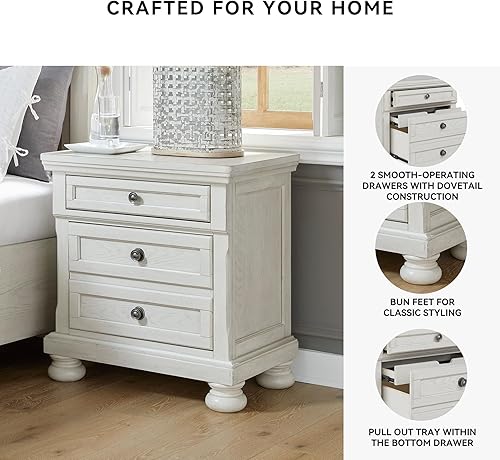 Miniatura 6 de Signature Design by Ashley Robbinsdale - Mesita de noche tradicional con 2 cajones, color blanco
