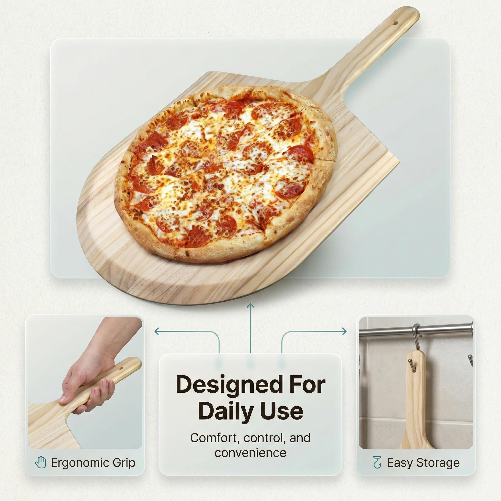 KitchenDine Pizzaschieber aus Holz, 40,6 x 35,6 cm Klinge mit 20,3 cm Griff, Kiefernholz, 61 cm Gesamtlänge mit konischer Kante mit Loch am Ende des Griffs. (1)