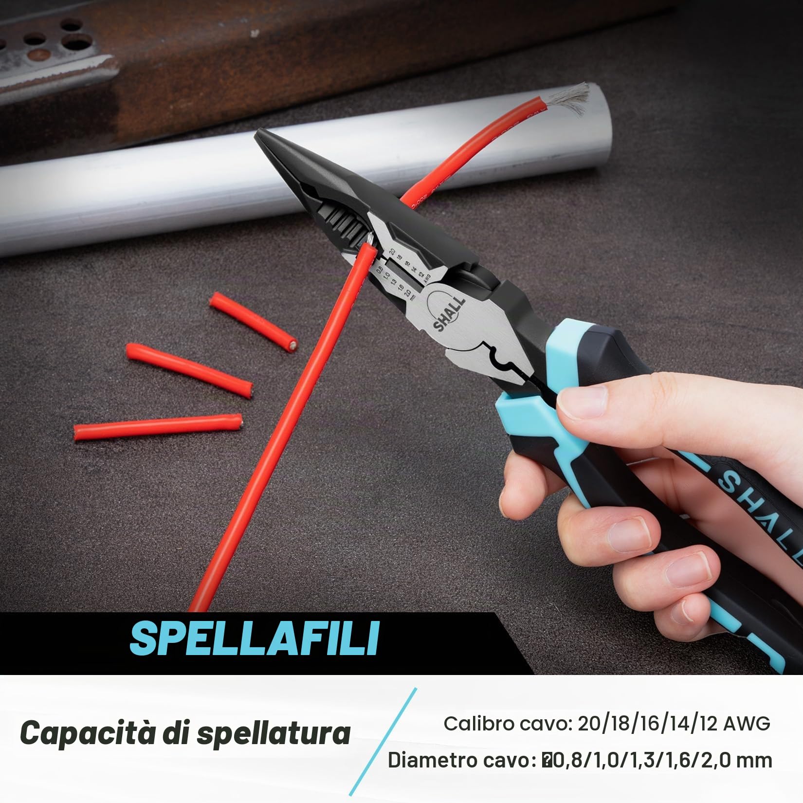 SHALL Pinze a becco lungo da 20,3 cm con spelafili,Spellafili/tagliafili/crimpatrice 7 in 1 per cavi di calibro 20-12 AWG (0,8-2,0 mm).