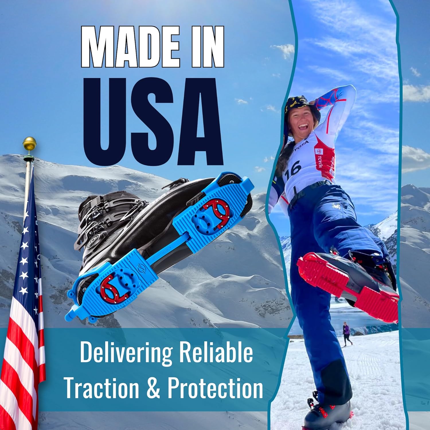 SkiSkootys Ski Boot Bottom Protector with Claws & Foldable Design - Slip-Resistant Ski Boot Traction Cleats for Walking on Ice & Snow - Adjustable Skiing Accessories - USA Made