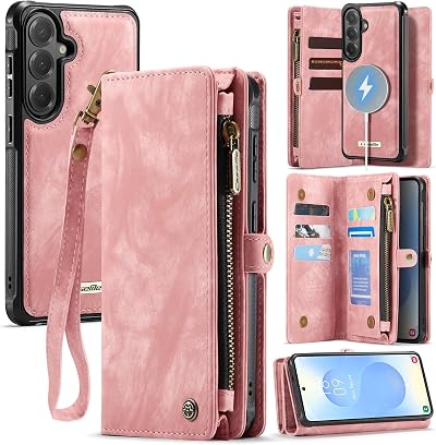 Kowauri Wallet Case for Samsung Galaxy S26+/S26 Plus, Zipper Purse Folio Leather Wallet with Card Holder Wrist Strap Detachable Magnetic Shockproof Protective Back Case for Samsung Galaxy S26+ (Pink)