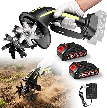 21V Cordless Tiller Cultivator for Gardening, Electric Garden Tiller with 2 x 1.5Ah Batteries & Charger, Garden Small Rototiller Handheld Ergonomic for Lawn/Soil Cultivation, 120Mins Runtime