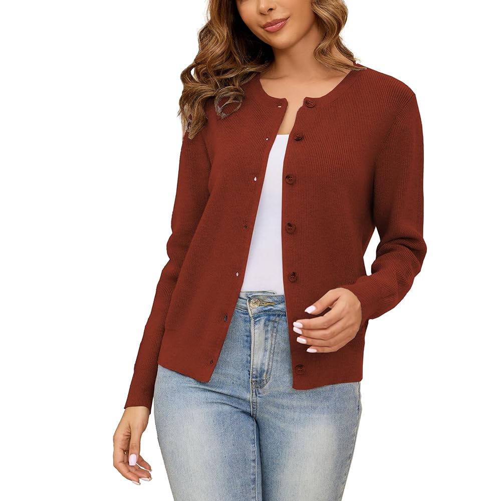 トップス crew neck cardigan XUNZRLN Women's Crew Neck Cardigan Button Down Long Sleeve