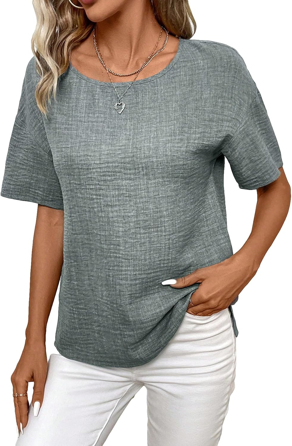 SweatyRocks Women's Round Neck Short Sleeve Blouse Split Side Solid Loose Shirt Tops