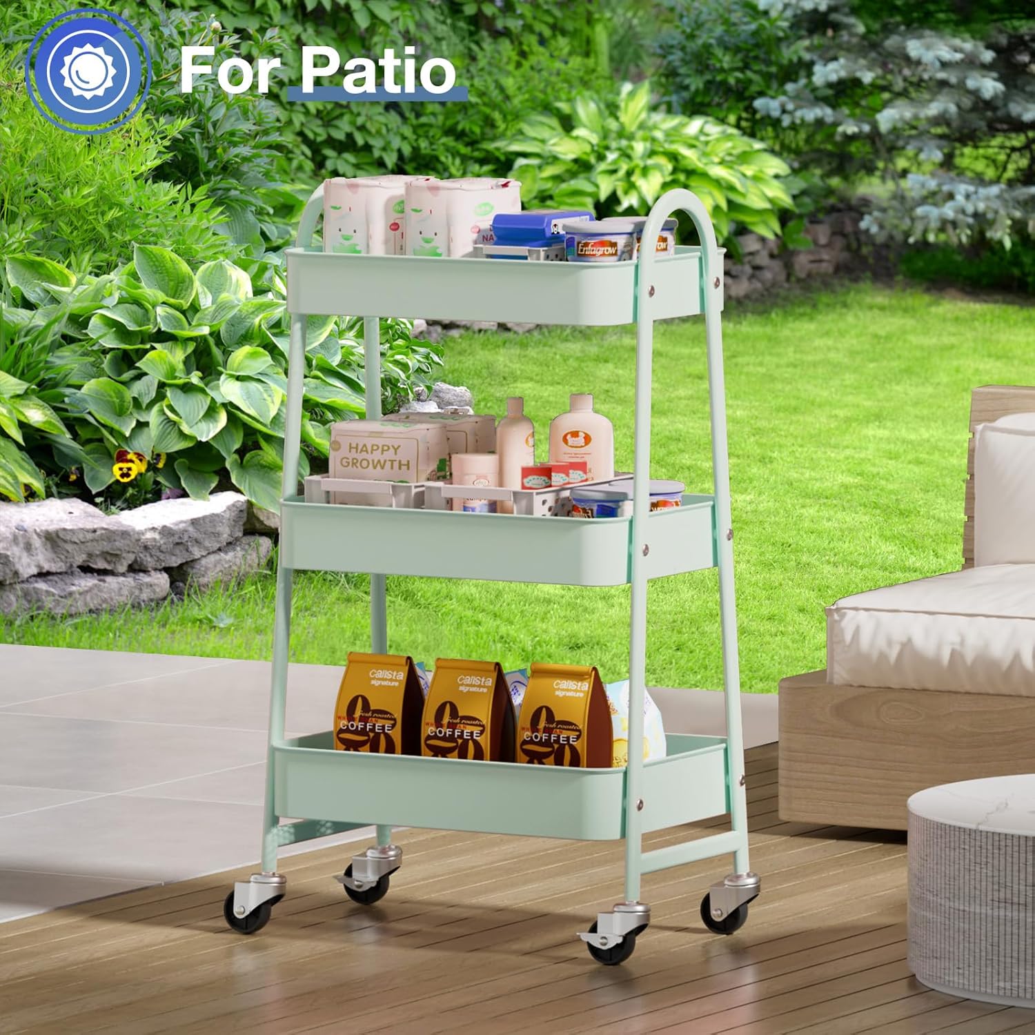 OLIXIS Metal 3 Tiers Utility Rolling Cart with Lockable Caster Wheels, Mobile Storage Shelf, Organization for Livingroom, Bathroom & Narrow Places, Pale Green