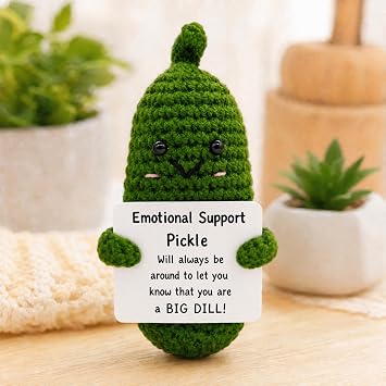 Emotional Support Pickle Crochet Doll, Funny Encouraging Plush Toy with Inspirational Card, Handmade Mini Knitted Desk Decor & Gift for Friends, Coworkers, Students