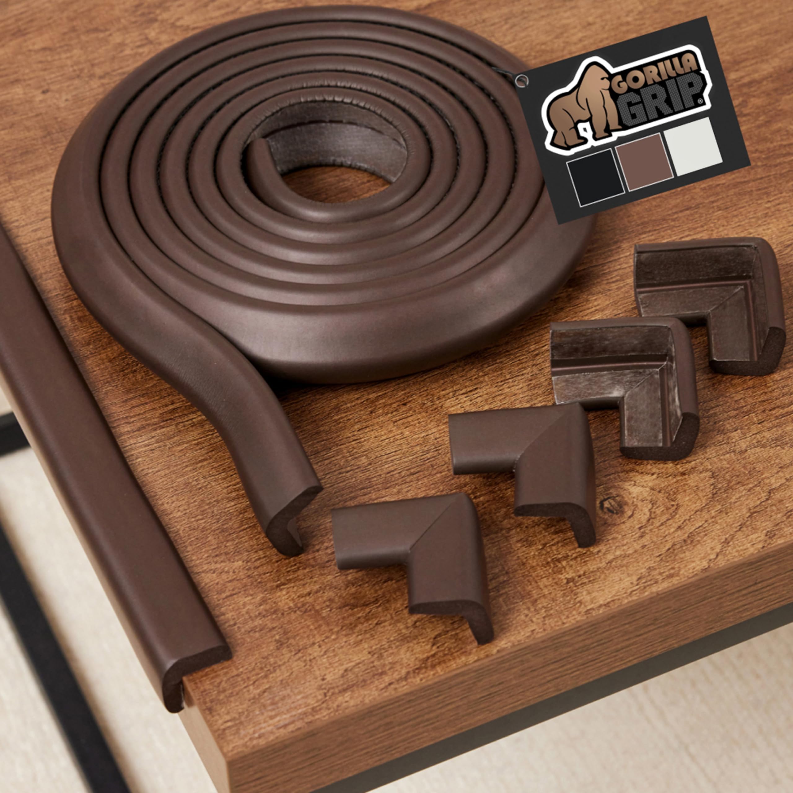 GORILLA GRIP Baby Proof Corners and Edges for Furniture, Kid Proofing Adhesive Table Corner Protectors, Heavy Duty Soft Rubber Foam Protection, Includes 8 Protective Safety Guards, 10 Feet, Brown