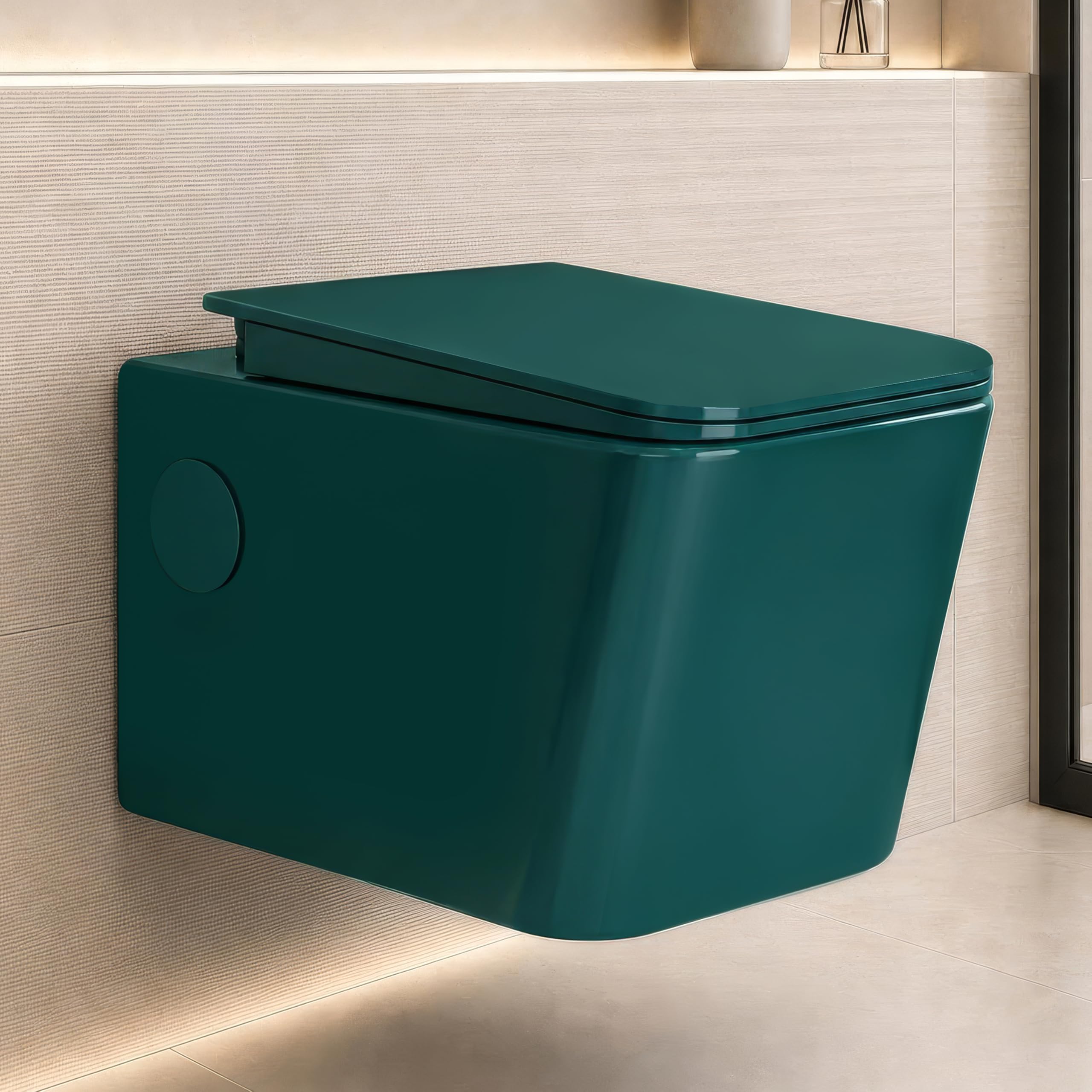 Plantex Platinum Ceramic Wall Hung Commode/P Trap Western Commode for Toilet/Rim Washdown Western Toilet with Soft Close Toilet Seat Cover- (Palm)