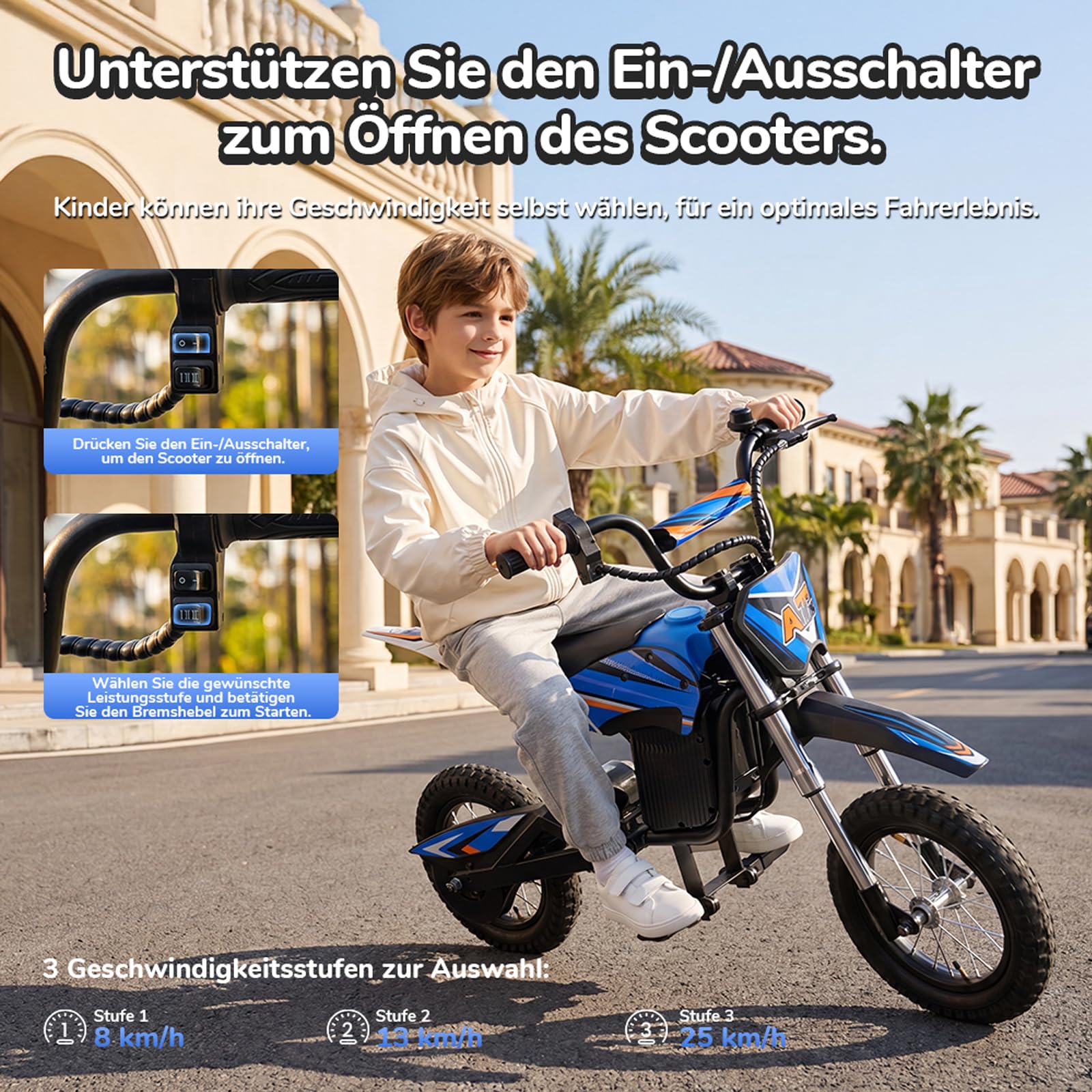 A12 Elektro Motorrad für Kinder ab 110cm Körpergröße 3–12-Jährige (Blau) | Elektromotorrad mit 350W Motor, 3 Geschwindigkeitsmodus, 20KM Max Reichweite, 12 Zoll Luftreifen,LED,doppelte Stoßdämpfung