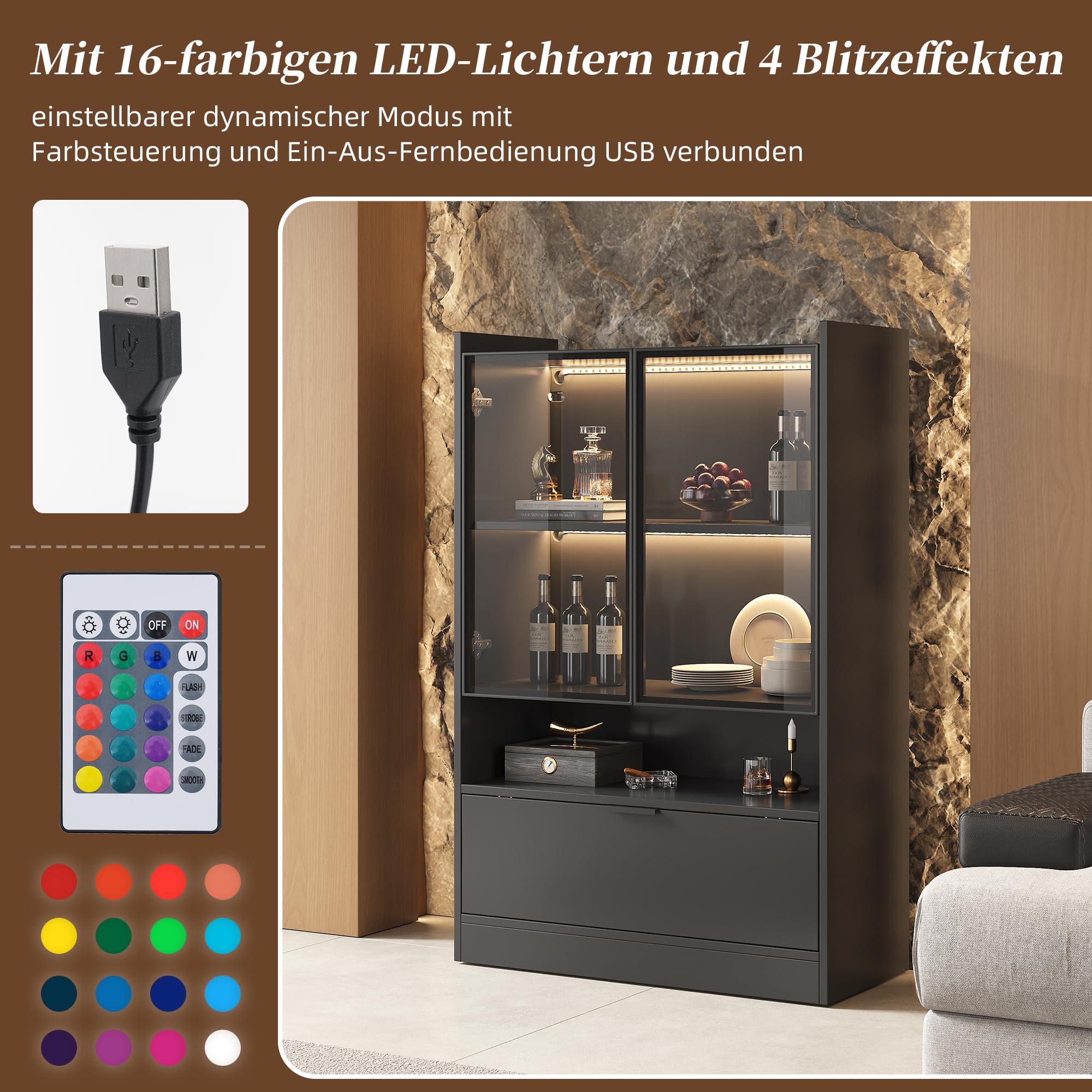 Vitrina Expositora con Iluminación LED, Vitrina Salon con 2 Puertas y Estante, Vitrina Cristal con Compartimento Abierto y Armario de Almacenaje, 80x120x35 cm, Negro