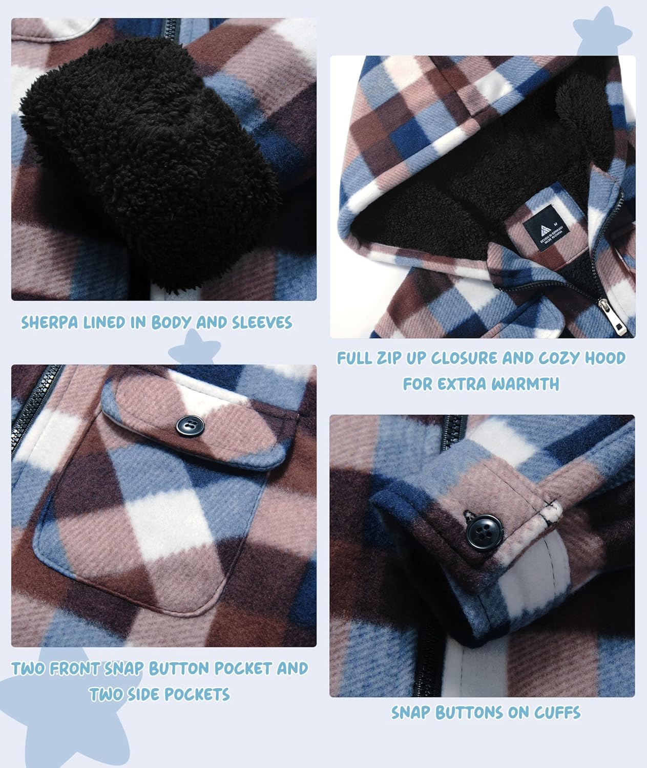 V VALANCH Boys Flannel Jacket Hooded Fleece Lined Zip-up Hoodies Plaid Coat for Kids