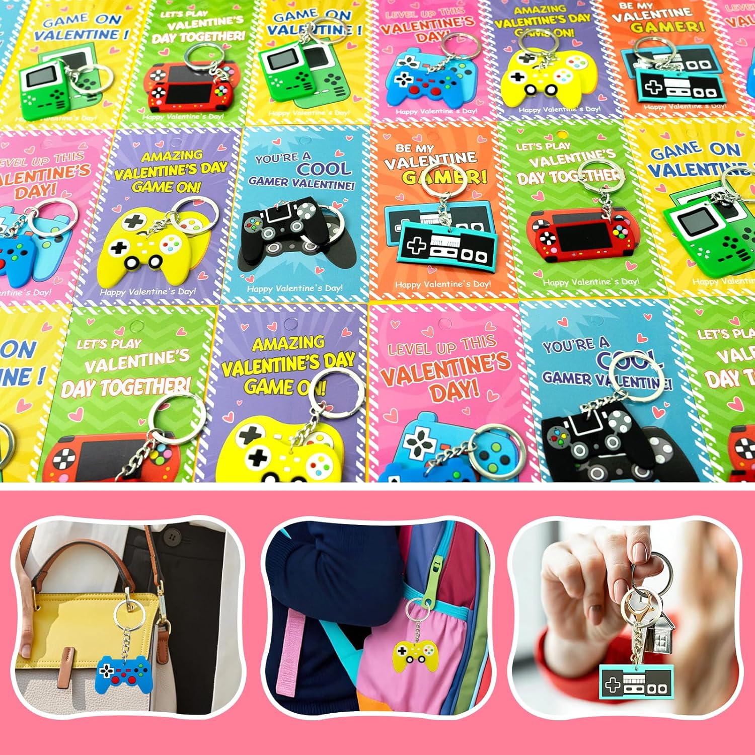 28 Pack Valentines Gifts Card with Video Game Controller Keychains, Valentines Day Gifts For Kids Toys Valentines Day Cards Bulk for Kids Boy Girl Classroom School Exchange Prize Party Favors